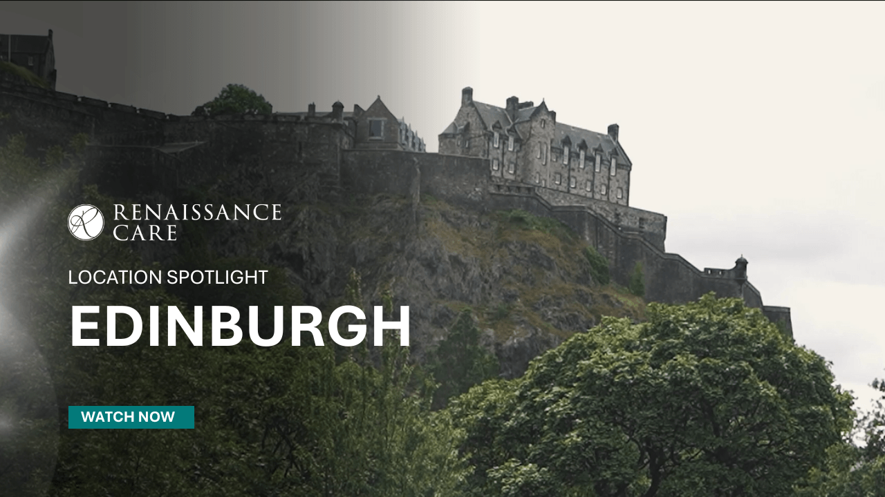 Edinburgh Castle from the side with views of the hill, with text overlaid 'location spotlight: Edinburgh' 
