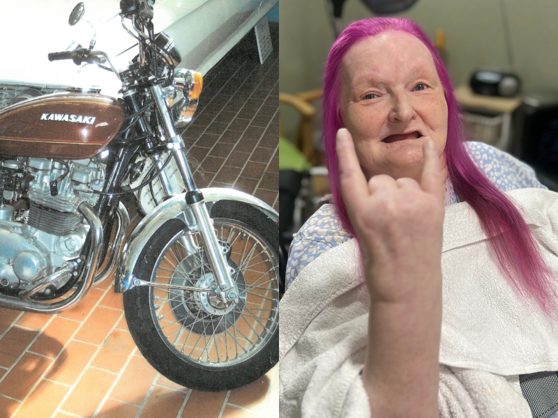 On the left, Cheryls old Kawasaki motorbike sits on a tiled floor. On the right, Cheryl getting her hair dyed pink within the care home and doing the 'rock n roll' hand gesture