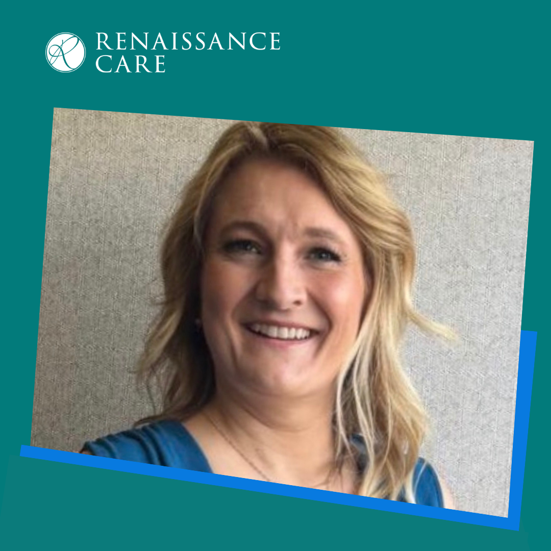 A blue and green graphic with a head and shoulders image of our Head of Quality , Lynne Mekshi