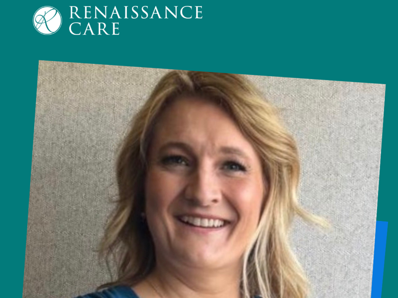 A blue and green graphic with a head and shoulders image of our Head of Quality , Lynne Mekshi