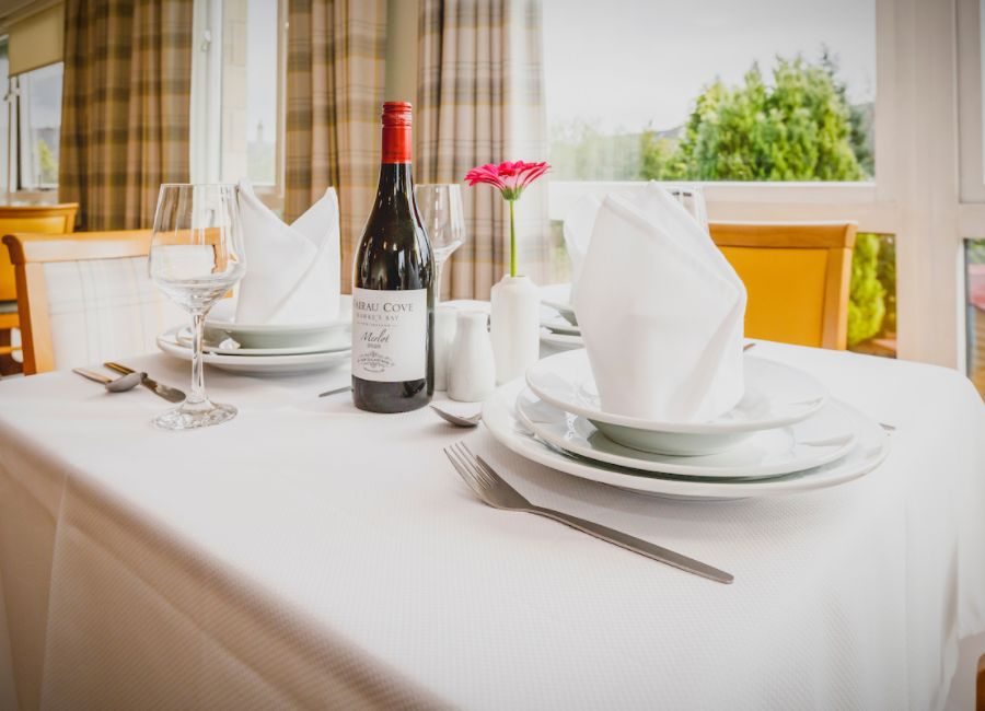 Decorative image of the dining table set up, focused on the tableware: napkins, plates, cutlery, a bottle of wine. Looking out the window to the garden space