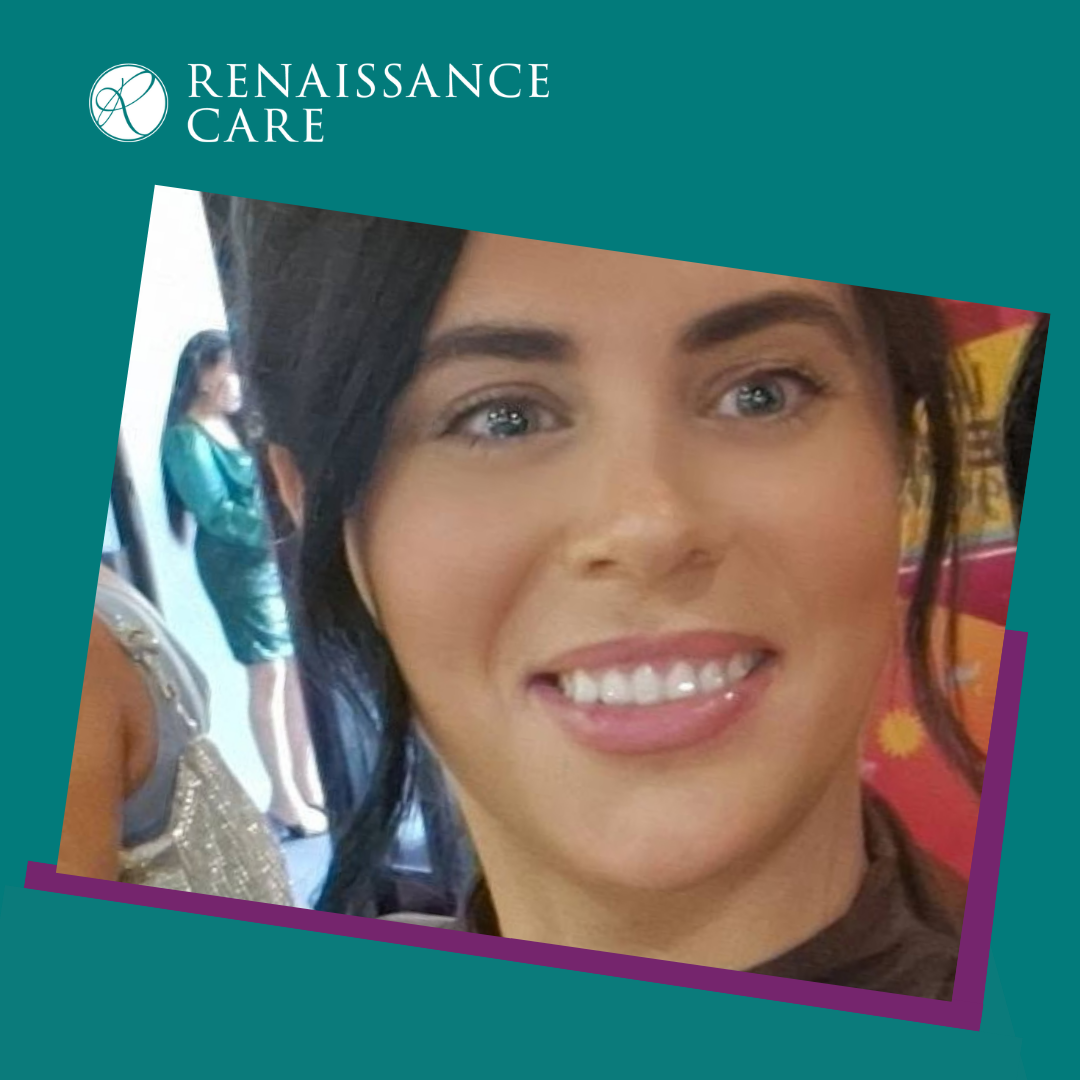 Branded teal background with a 'Renaissance Care' logo in the upper left corner featuring an emblem with an R in it. In the centre, Beech Manor home Manager Natasha. She has dark curled hair. 