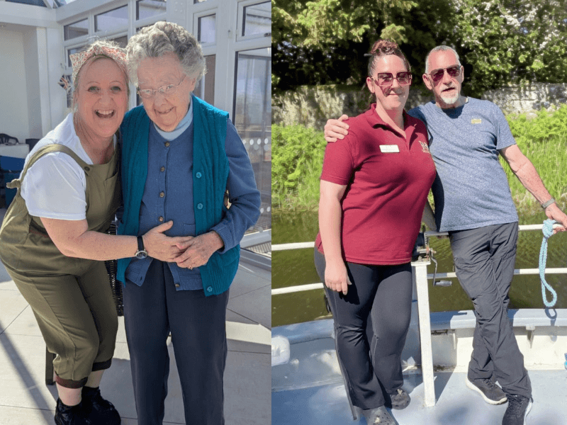 A split image: On the left, a woman is dressed for a war-themed activity within the care home, she cuddles a care home resident with a blue jumper. On the right, two staff members stand together on a boat trip