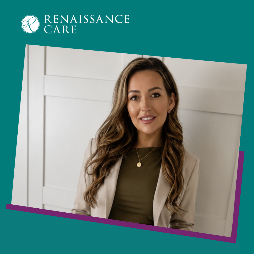 care home manager Roslyn is dressed in a nude blazer and high-necked top. She has long curly hair. The image is framed with block colours of green, and a logo in the upper left corner.