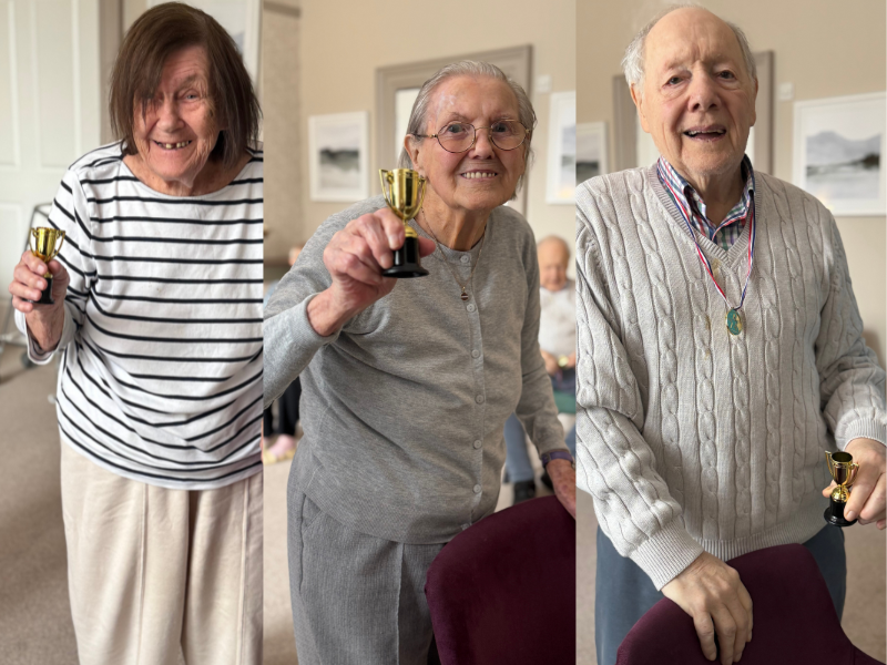 A side-by-side three-image collage showing three care home residents holding miniature gold trophies