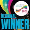 A colourful logo that states 'regional winner' from the Great British care awards. This was awarded to Meadowlark care home, November 2025 for their nomination of 'Best care team'